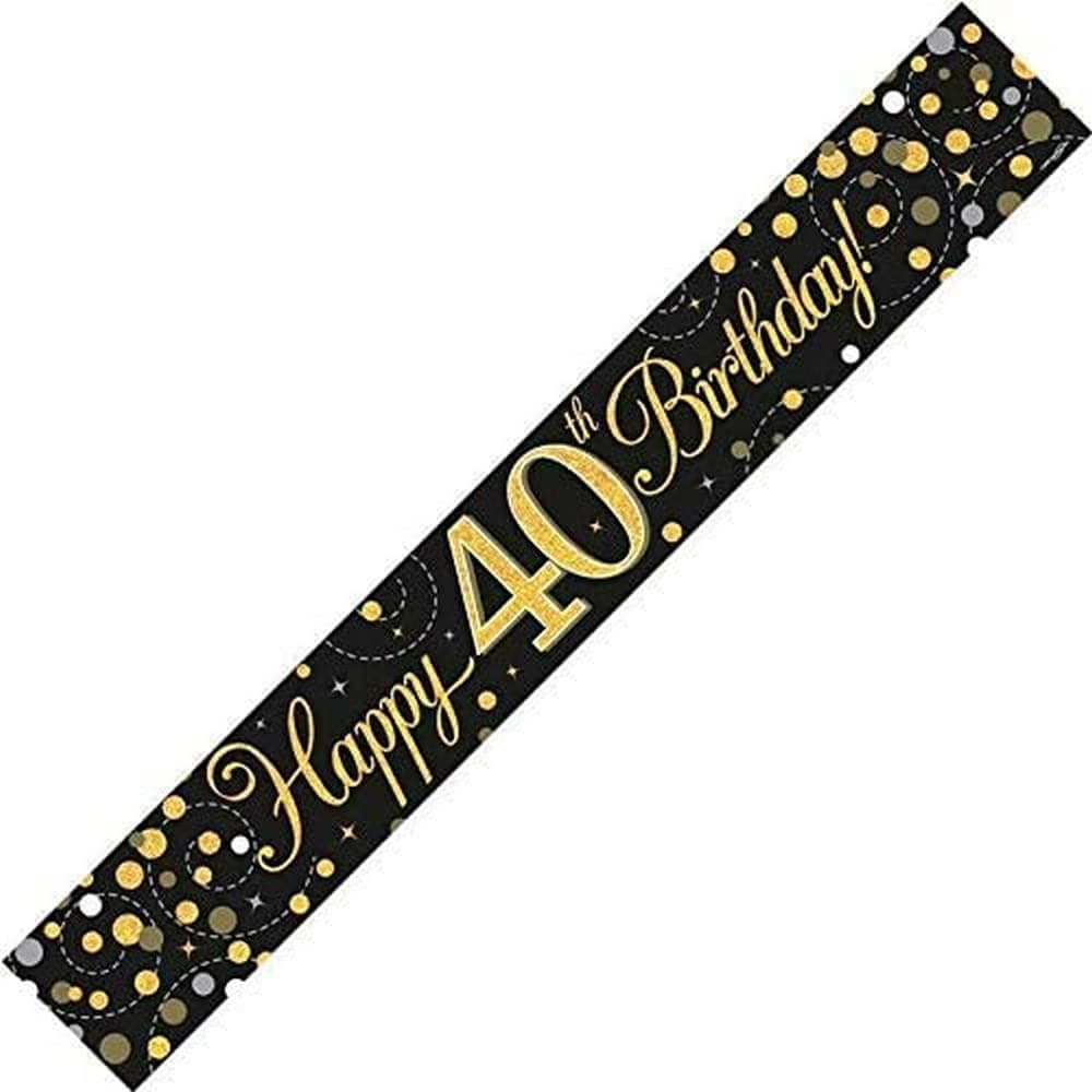 9ft Banner Sparkling Fizz 40th Birthday Black Gold Holographic