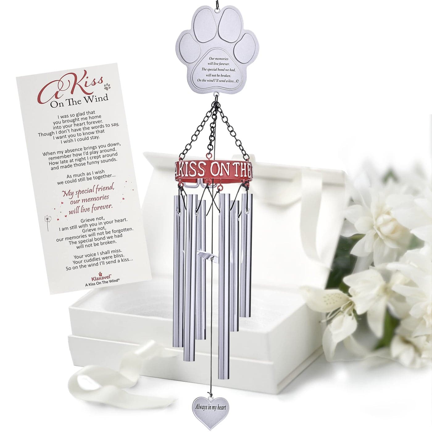 KLAXAVEL Pet Memorial Wind Chimes 19 Rainbow Bridge Pet Memorial Gifts Thoughtful Loss of Cat or Dog Gifts Wind Chime with Poem and Red Collar Durable Metal Outdoor Chimes Pet Sympathy Gift