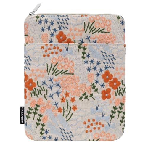 Dadanism 67 Inch Embroidered Flower Padded Sleeve for AllNew 7 Kindle Paperwhite 7 Kindle Colorsoft 6 Kindle Protective Sleeve Case for 6 Kobo Clara BWColour EReader Beige Floral