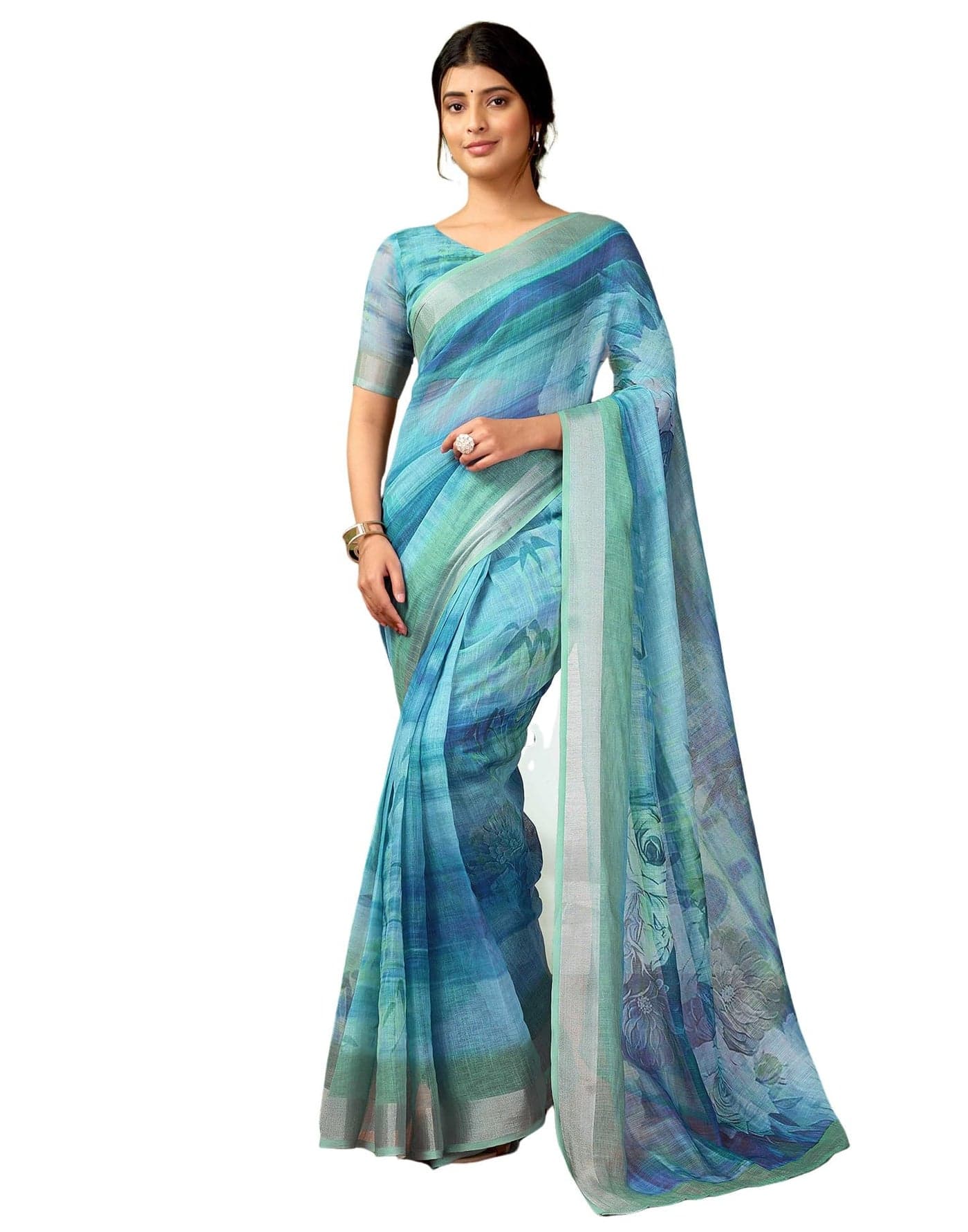 SIRIL Women's Cotton Linen Printed Ready to Wear Saree with blouse, One Minute Saree Ready to Wear (35RS339_Blue)
