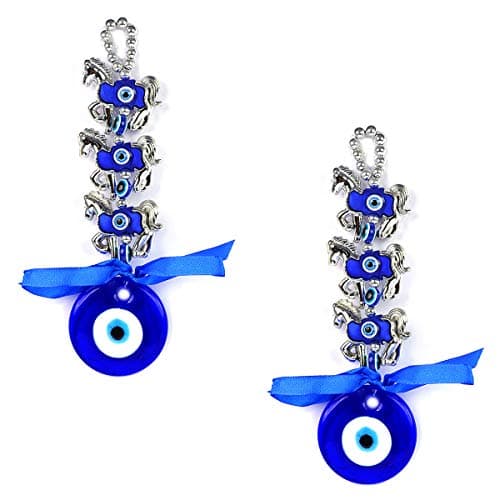 Reiki Crystal Products Pack of 2 Lucky 3 Horse Evil Eye Hanging Nazar Charm | Blue Protection Wall & Car Hanging | Feng Shui Vastu Good Luck Charm for Home Entrance & Office Décor