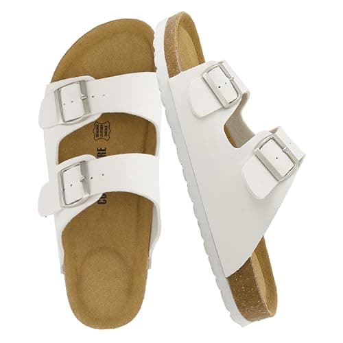 CUSHIONAIRE Lane Cork Footbed Mens Sandals, Adjustable Buckle Comfort Slides for Men, Genuine Leather Insole Summer Sandals Men Footwear, WHITE 8