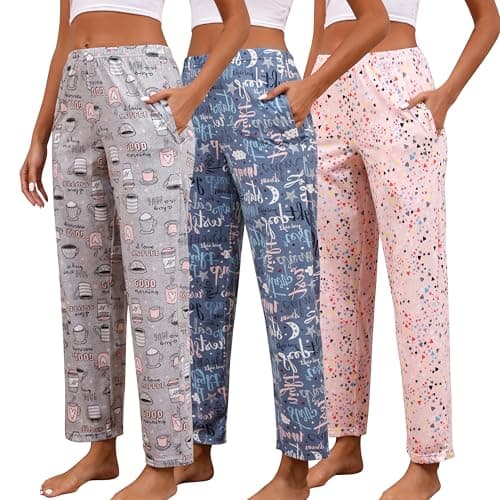 PNAEONG Pajama Pants Women 3 Pack Soft Cotton Lounge Pants Women Comfy PJ Casual Sleep Pant Print Women's Pajama Bottoms Sleepwear with Elastic Waistband & Pockets, Good Night+Coffee+Pink-L