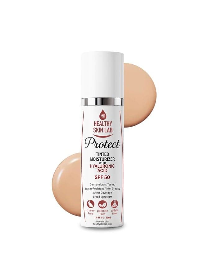 Protect Tinted Moisturizer & Mineral Sunscreen SPF 50, Sheer Universal Tint, Lightweight Coverage, Broad Spectrum UV Protection + Hyaluronic Acid, Dermatologist Tested, 1.8 oz