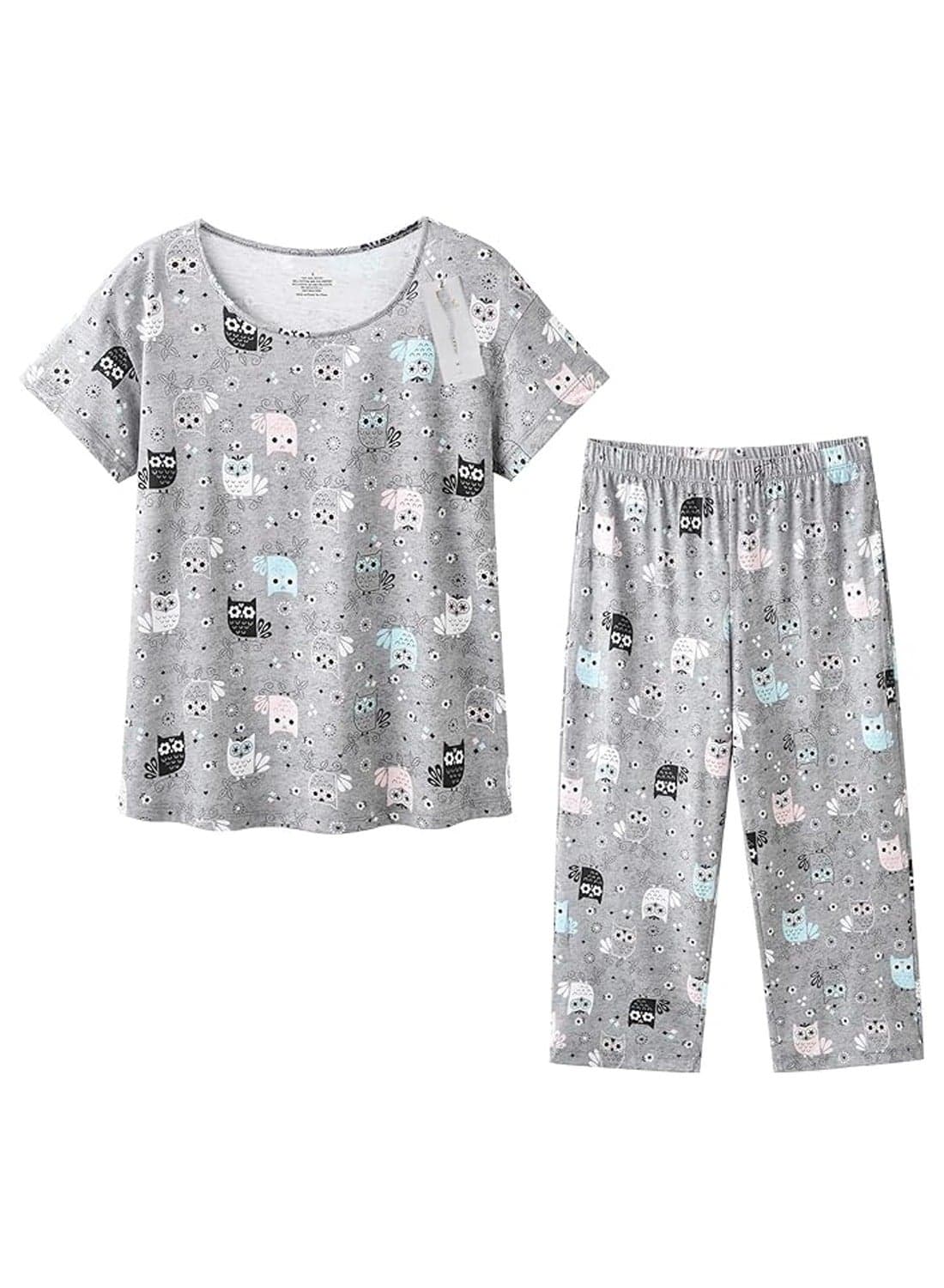 Women's Cotton Pajama Top with Cropped Pants Gray Owl Print Pajama Set One size fits all for weights 120-145 pounds