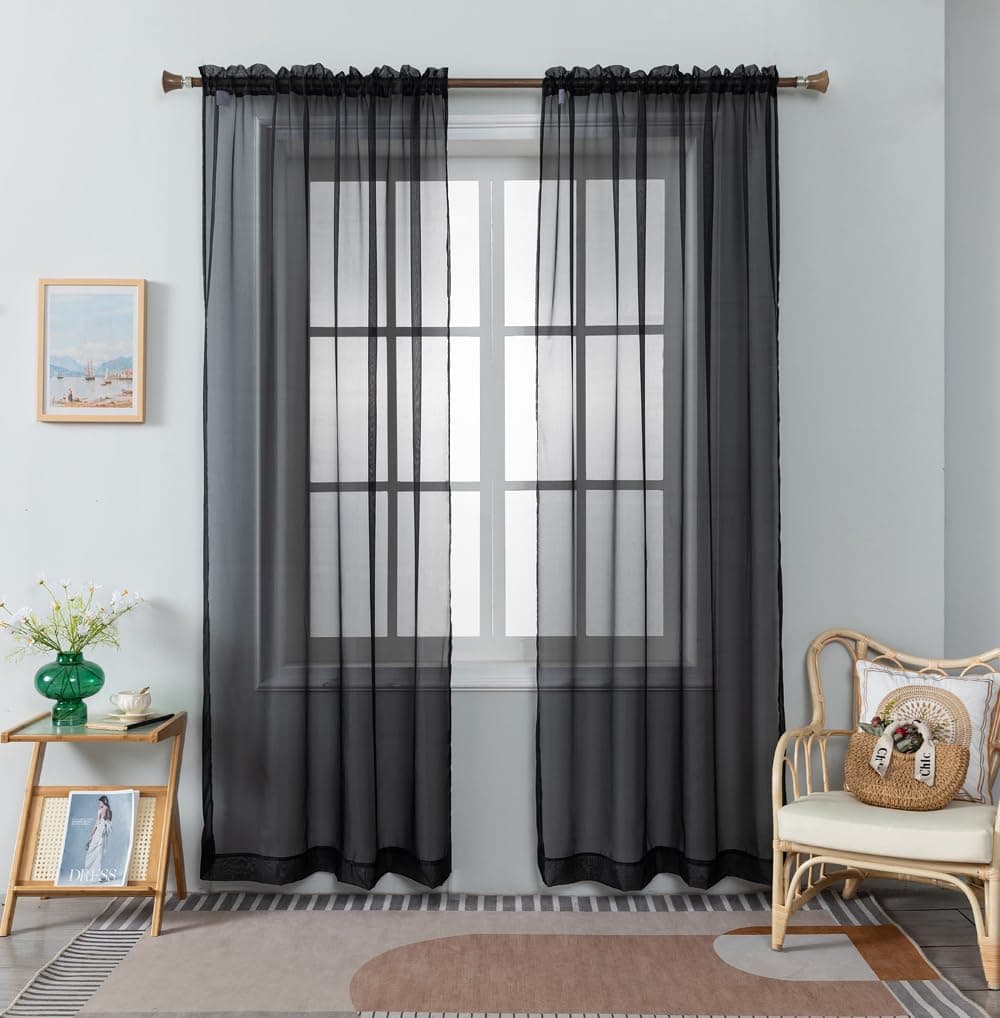 WPM WORLD PRODUCTS MART Black Sheer Curtains 58 Wide x 84 Long 2 Panels Livingroom Window Treatment Rod Pocket Sheer Voile for Bedroom Kitchen Living Children Room Fully Stitched and Hemmed