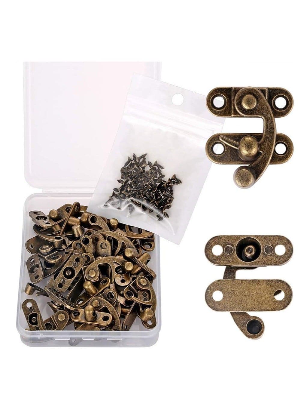 Jewelry Box Hardware, Thickened Solid Bronze Tone Antique Right Latch Hook Hasp Horn Lock Wood Jewelry Box Latch Hook Clasp and 80 Replacement Screws