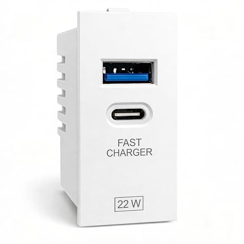 Hosper 22W Fast Charging Wall Charger | Dual Port USB Type C Adapter Modular Socket | Power Socket with USB for Modular Switch Board & Wall Socket – White