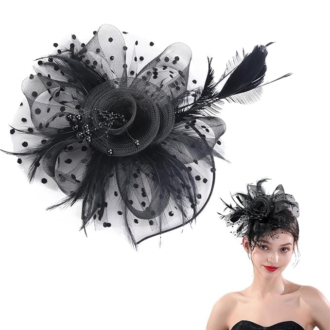 Vinsh Enterprise Womens Black Fascinator Headband Elegant Cocktail Tea Party Hat with Mesh Veil and Feather Accent