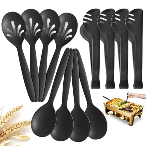 RayPard Reusable Plastic Serving Utensils Set of 12, Wheat straw Large Serving set 10" Serving Spoons/10" Slotted Spoons/9.4" Tongs, for Party Buffet Catering (Black, Not for Cooking)