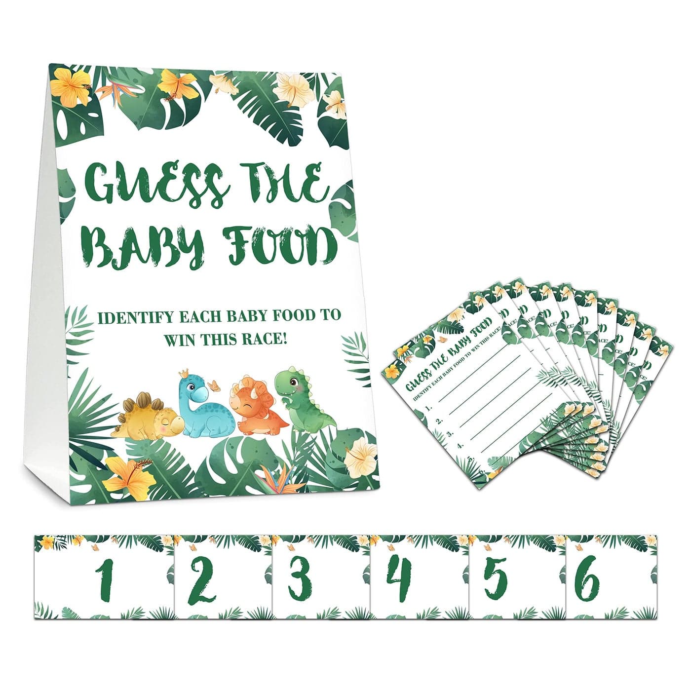 DETIHO Dinosaur Baby Shower Party Game Cards Guess The Baby Food 5 x 7 SelfStanding Sign With 25 FillIn Answer 6 Number Cards 21 x 35 a03