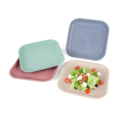 Irida Naturals Rice Husk & Bamboo Fiber Square Multipurpose Plate| 8 inch Set of 4| Eco-Friendly,Lightweight & Unbreakable Plates | Microwave Safe Serving Plates | for Hot & Cold Serving (Multicolor)
