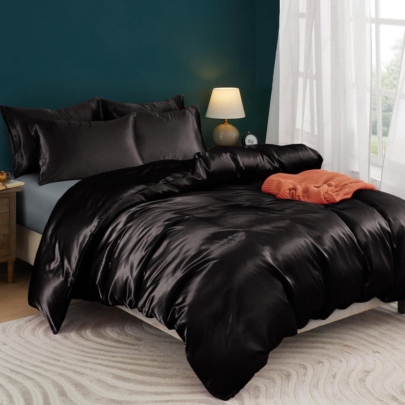 Horbaunal 5 Pieces Satin Duvet Cover Set QueenFull Size Black Duvet Cover with Corner Ties Zipper Closure Luxury Silky Bedding Set 1 Duvet Cover and 4 Pillowcases No Comforter