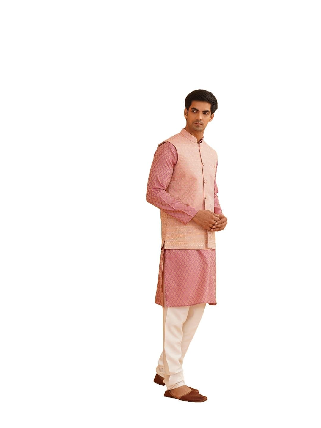 SOJANYA (Since 1958 Men's Pink Woven Design Silk Blend Kurta with Pyjama & Pink Nehru Jacket