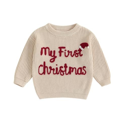 Newborn Baby Girl Boy Christmas Knit Sweater My First Christmas Hat Embroidery Winter Sweatshirt Outfit Fall Clothes (Milky White, 0-3 Months)