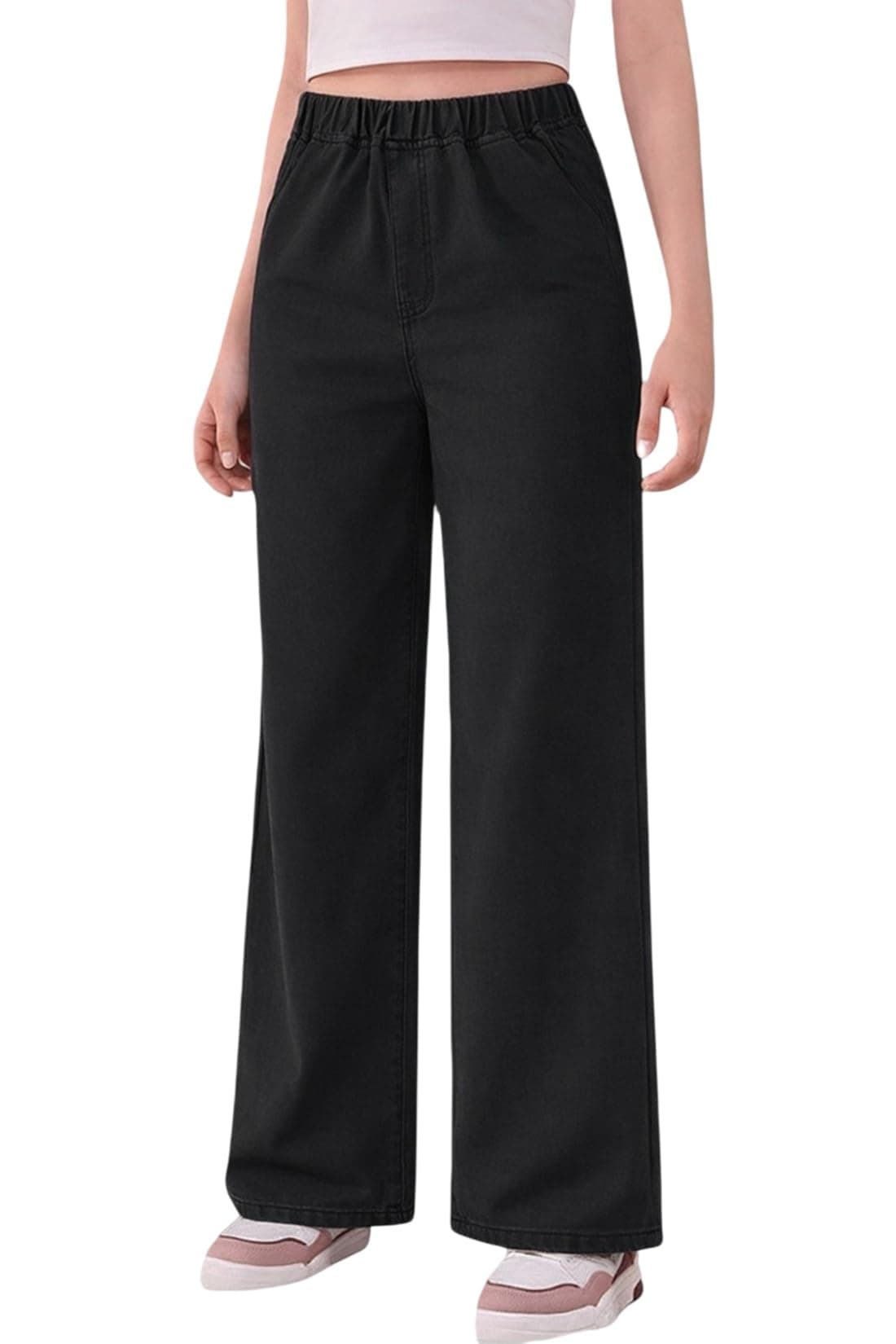 ADBUCKS Girl's Stretch Denim Wide Leg Jeans Comfort Fit with Elastic Waistband, Straight Cut, Casual Style for All Seasons, Versatile Clothing (in, Age, 9 Years, 10 Years, Black)