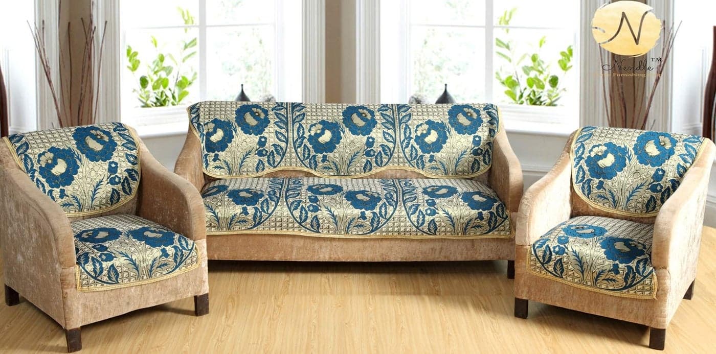 Nendle Poly Cotton Fabric Flowered Pattern Jacquard 5 Seater Sofa Cover Set, Design 3