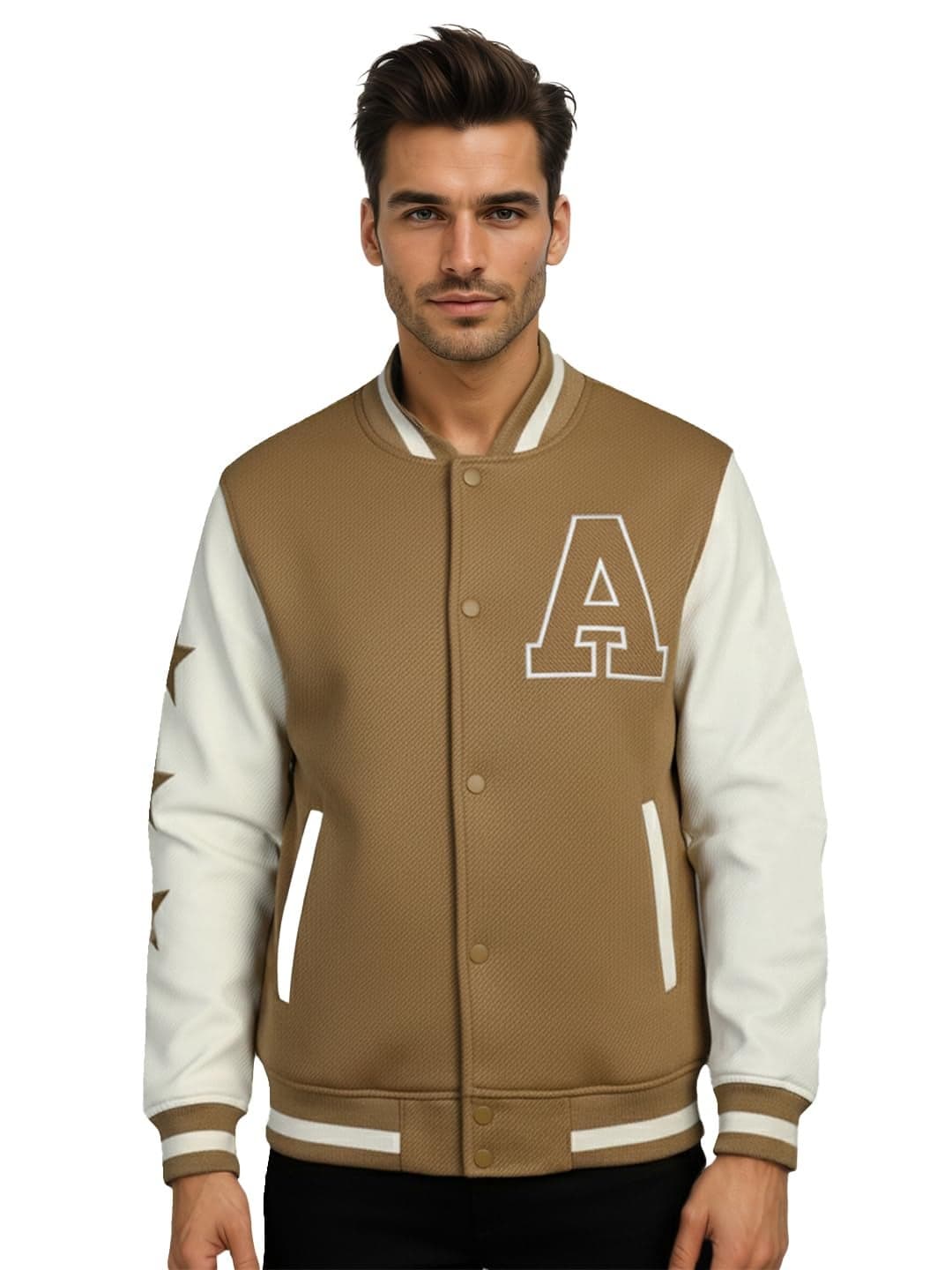 CHKOKKO Men’s Regular Varsity Jacket with Snap Button Closure and Patch Design Trendy Comfortable Outerwear for College Travel and Casual Wear Camal Cream M