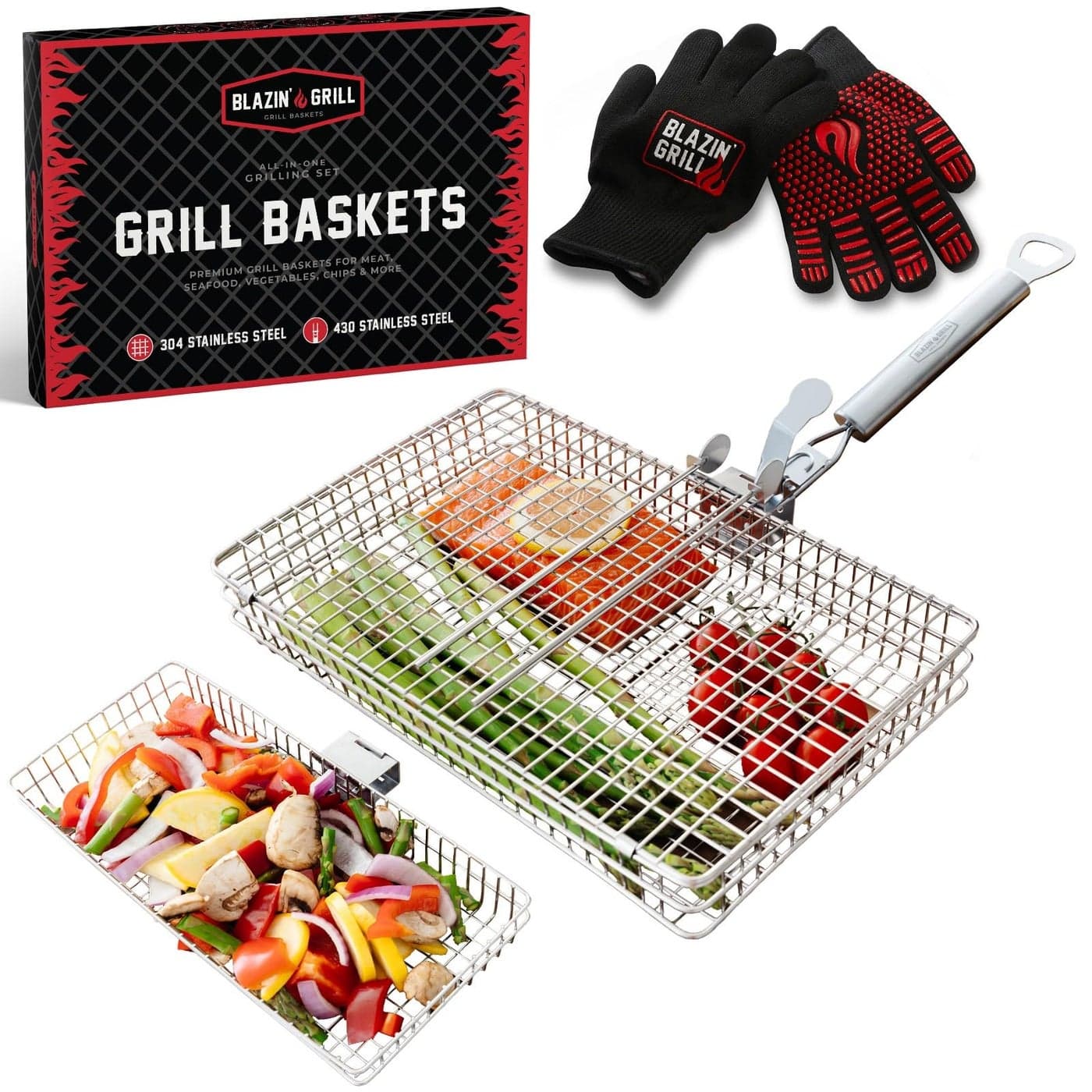 Blazin Grill Grill Baskets for Outdoor Grill 2 Grilling Baskets with Detachable Handle Barbecue Grill Set with BBQ Gloves Portable Camping Net Rack Perfect for Vegetables Seafood Meat