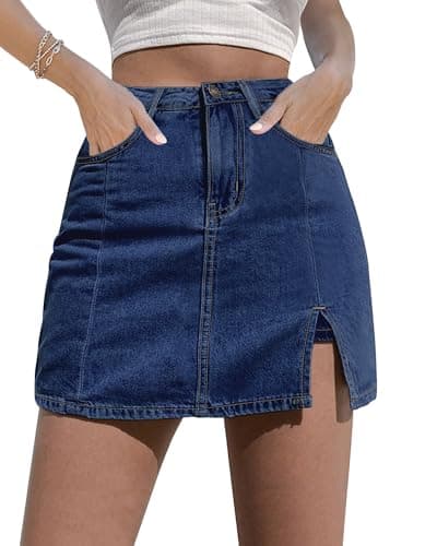 luvamia High Waisted Jean Skorts for Women Denim Mini Skirt Side Slit with High Wasited Jean Shorts for Womens Stretchy Denim Shorts Darkness Blue Size Large Size 12-14