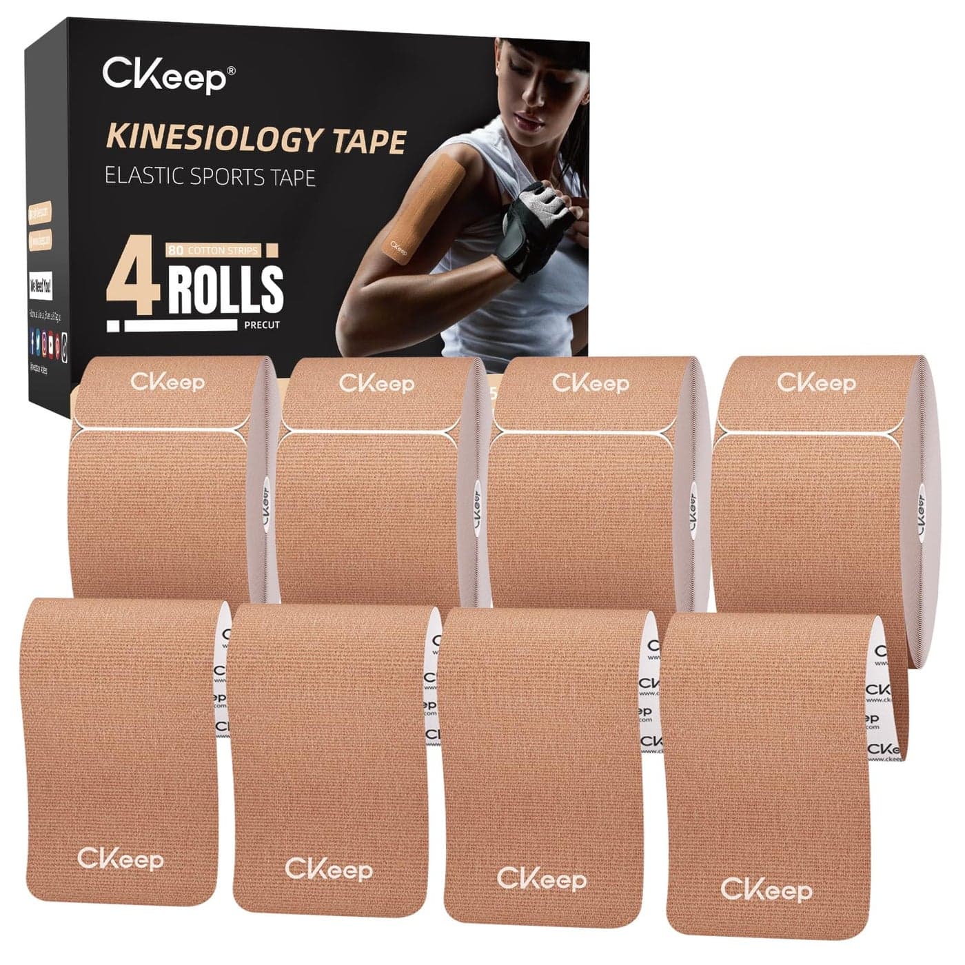 CKeep 4 Rolls Kinesiology Tape Original Cotton Elastic Athletic Tape 20 Precut 10 Strips Each Beige Ideal for Muscle Support Injury Prevention
