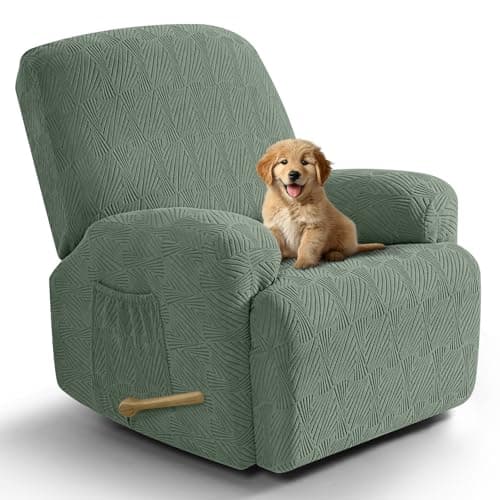 VANSOFY Recliner Chair Covers, 4-Pieces Stretch Recliner Cover Jacquard Soft Reclining Chair Slipcover Furniture Protector with Elastic Bottom for Lazy Boy Recliner(Bean Green)