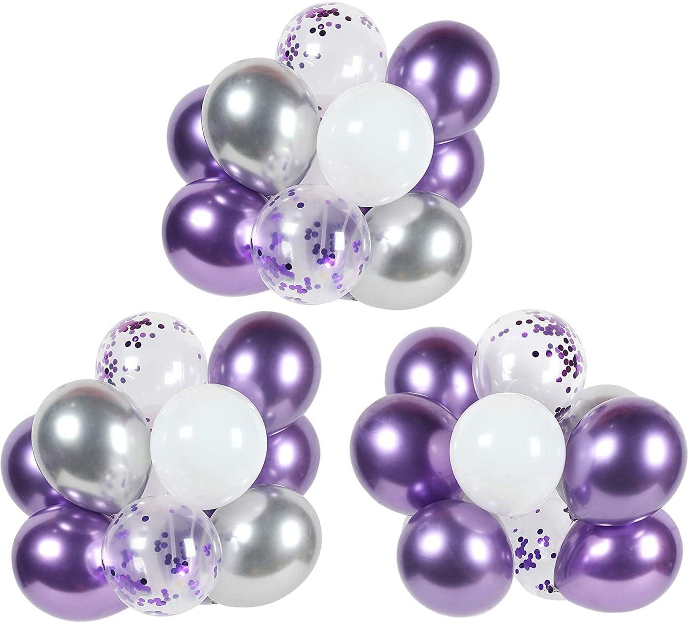 LAZYBEEE 50pcs Purple, silver metal balloons and white balloons with purple confetti balloons, each pack of 50 12-inch party balloons birthday, wedding party decoration.