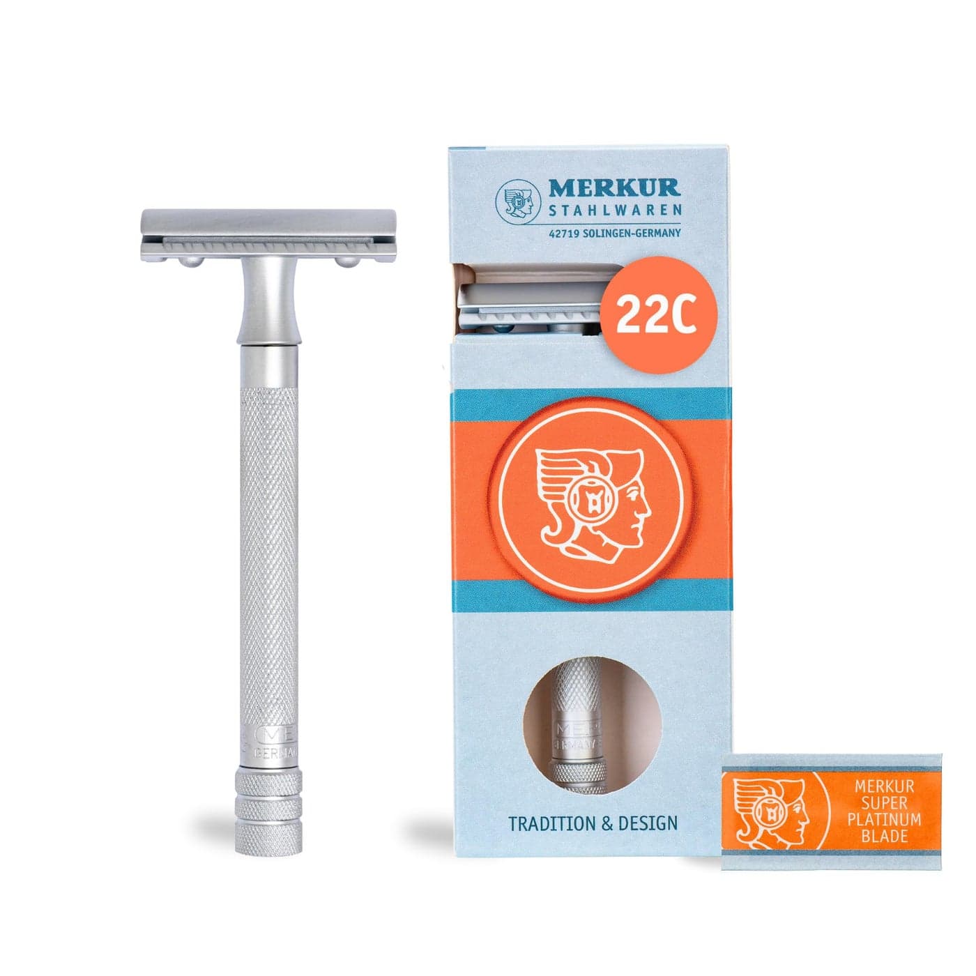 MERKUR 22C Double Edge Safety Razor Matte Chrome Long Knurled Brass Handle Made in Germany PlasticFree Three Piece Design Closed Comb Straight Bar