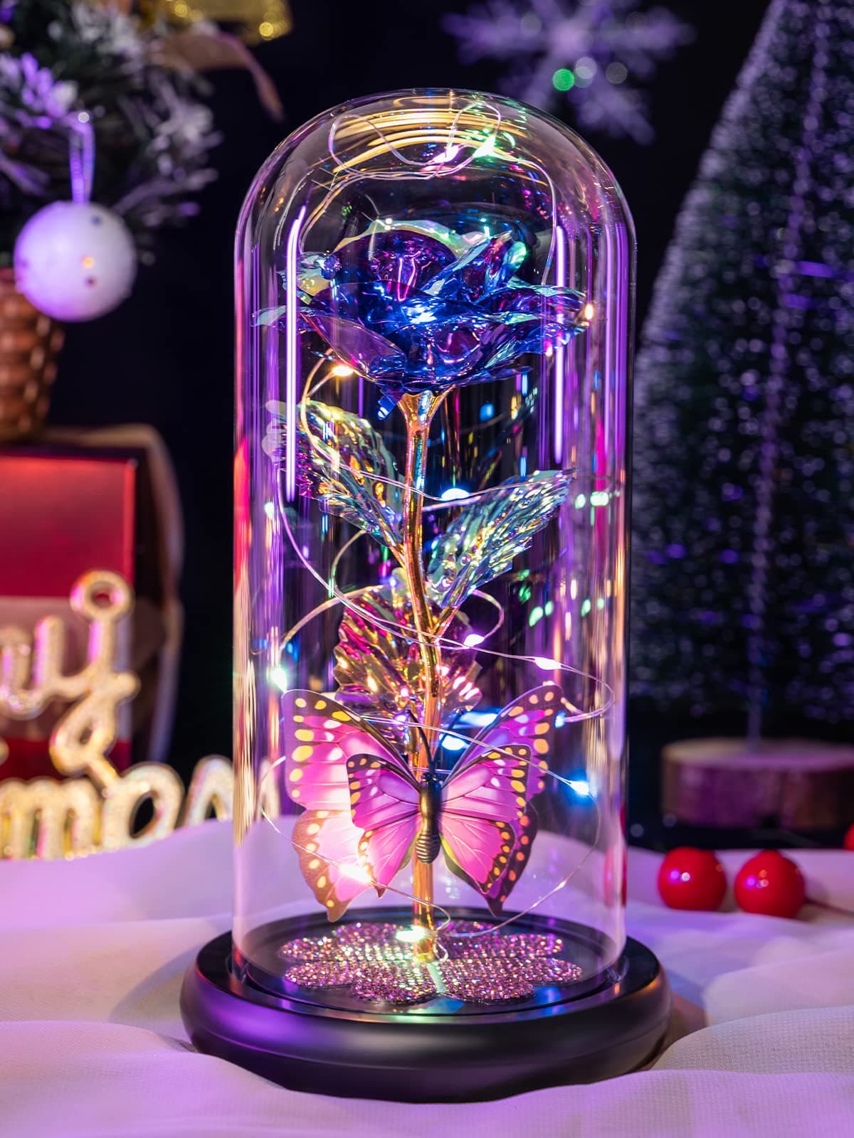 Mothers Day Rose Gifts for Mom Galaxy Glass Rose Forever Eternal Crystal Flower Light Up Rose in Glass Dome with Butterfly Birthday Mothers Day Flower Gifts for Women Mom Wife Sister Daughter Purple