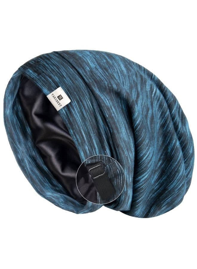 Silk Satin Bonnet Hair Cover Sleep Cap - Blue Adjustable Stay on Silk Lined Slouchy Beanie Hat for Night Sleeping