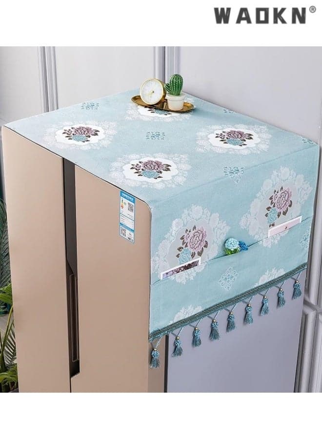 Fridge Dust Cover Multi-Purpose Appliance Top Cover with Storage Pockets , 53x130cm , Washing Machine Top Cover Tassels , Multi-Purpose Household Dust Microwave Cover , Anti wear and dustproof cover , Blue.