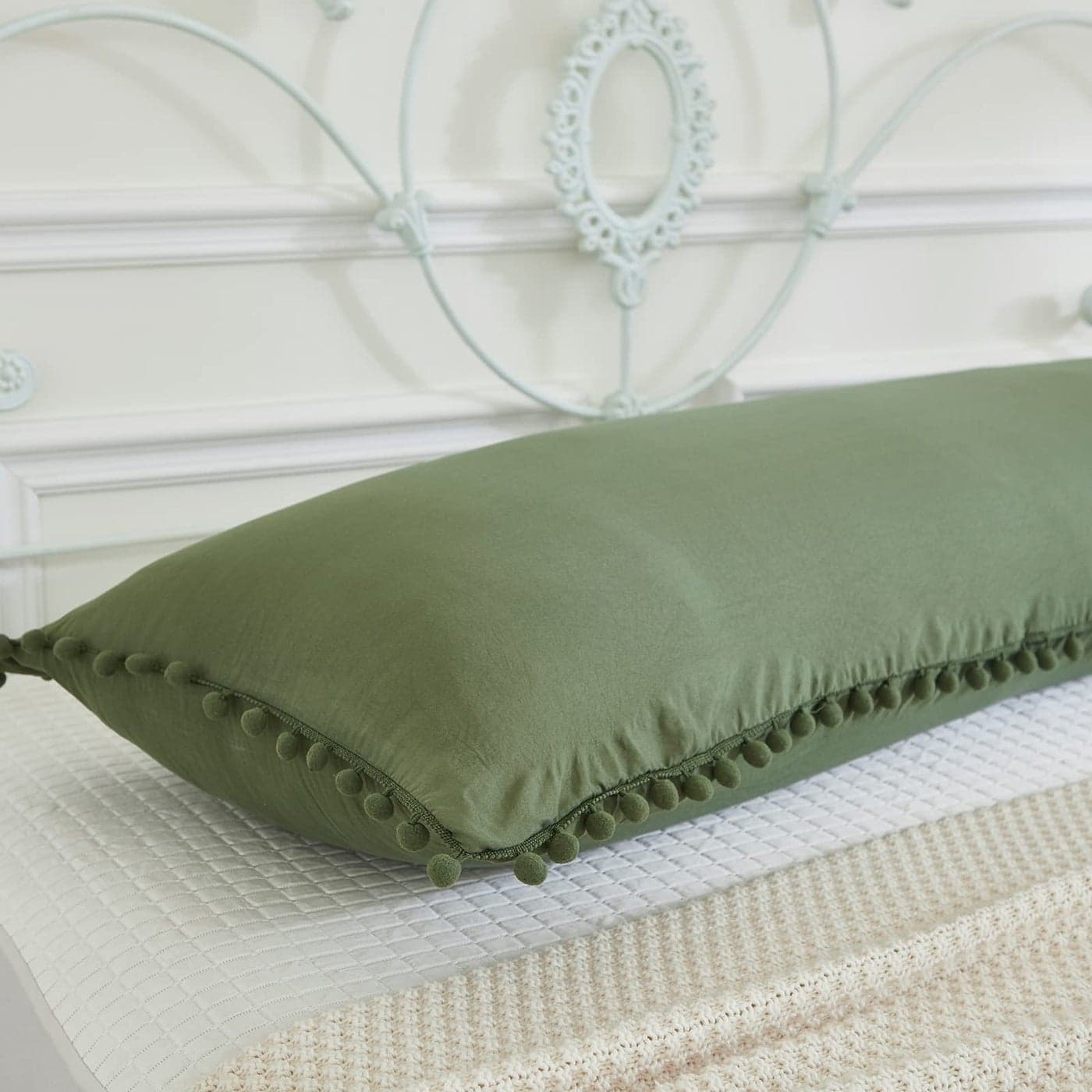 MOVE OVER Olive Green Body Pillow Cover 20x54 Inches Cute Pom Poms Fringe Decor Green Body Pillow Cover with Pocket Closure