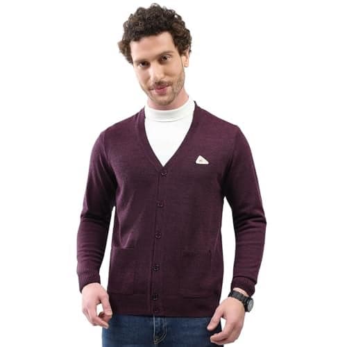Monte Carlo Men V Neck Cardigan | Regular Fit Full Sleeve Solid Knitwear | Classic Solid Sweater for Winter Casual & Formal Wear Purple L (Pack of 1)