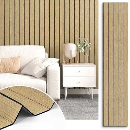 STICKEEP Neutral Peel and Stick Wood Panels for Walls 3D Textured Faux Wood Acoustic Wall Panels Self Adhesive Soundproof Wooden Slats Panelling Wallpaper for Bedroom Living Room Studio 11.8"x118"