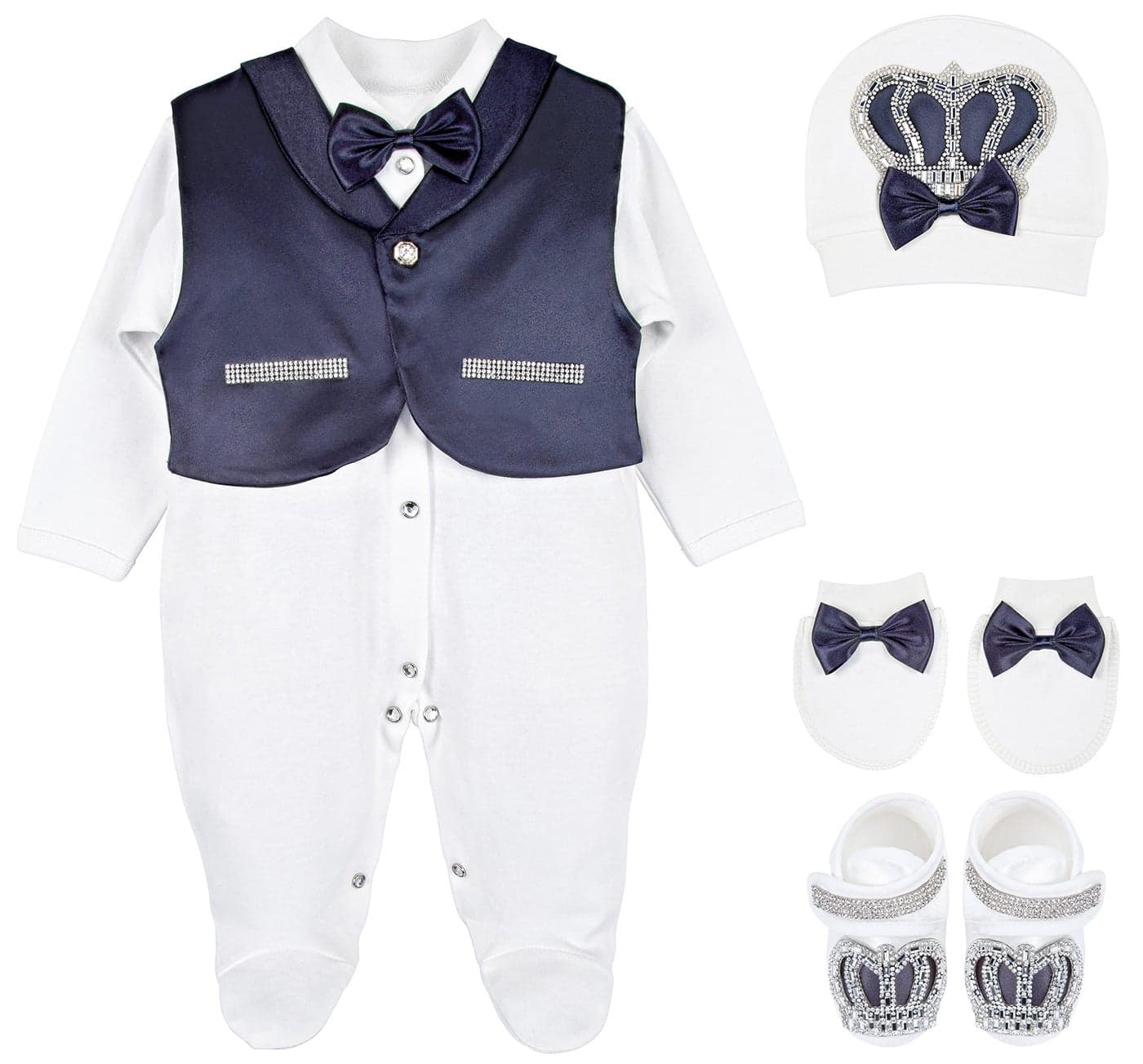 Lilax Baby Boy Jewels Crown Tuxedo Outfit Layette 5 Piece Gift Set 0-3 Months Navy