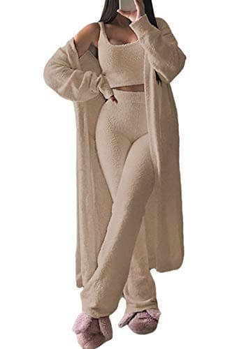 Fixmatti Women 3 Pcs PJ Outfit Set Crop Tops Pants and Open Front Cardigan Tracksuit Lounge Set Fall Outfits Camel S