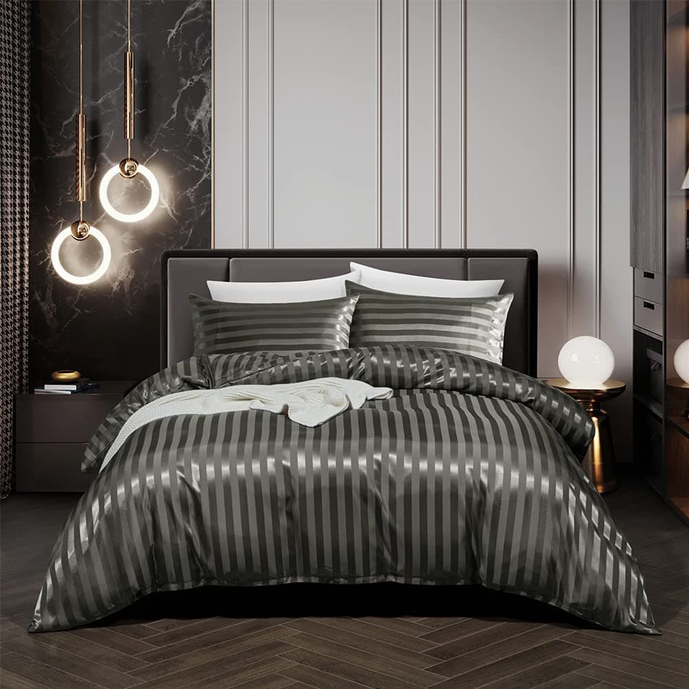 RevenRella 3 Piece Satin Duvet Cover Set Bedding Sets Italian Style 1800 Series Luxury Rich Silk Silky Super Soft Stripes Hidden Zipper Closure Reversible Wrinkle Free HoneymoonGrey Queen