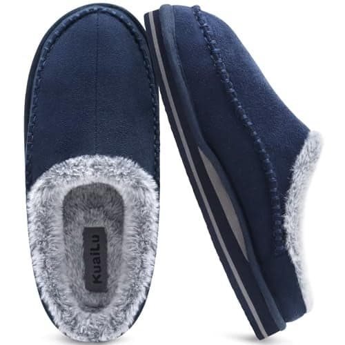 KuaiLu Mens Slippers with Orthopedic Arch Support Suede Faux Fur Fluff Plush Wool-like Warm House Shoes Comfortable Slip-on Bedroom Indoor Outdoor Clogs Slippers for Man, Size Blue 10