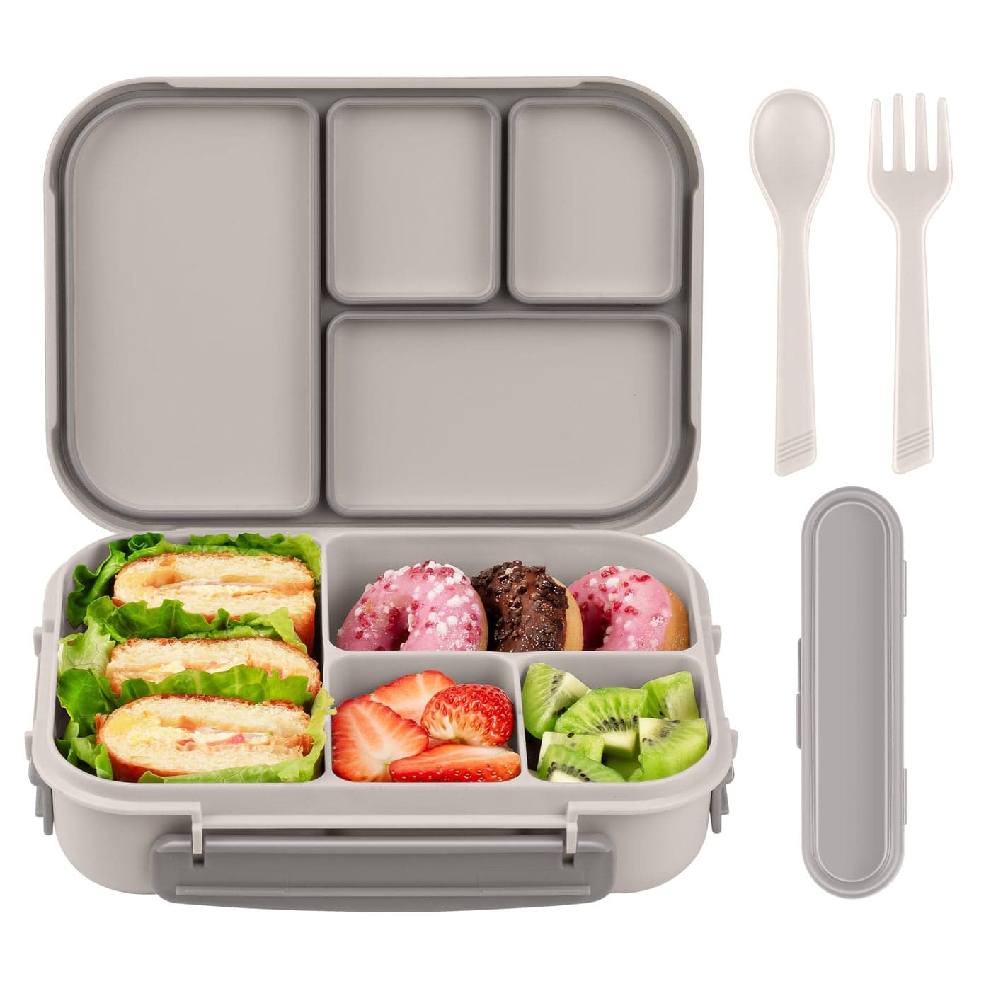 Amathley Lunch Box KidsBento Box AdultLeakproof Lunch Containers for AdultsKidsToddler1200ML4 Compartments bento Lunch box with UtensilMicrowave Dishwasher Freezer Safe White