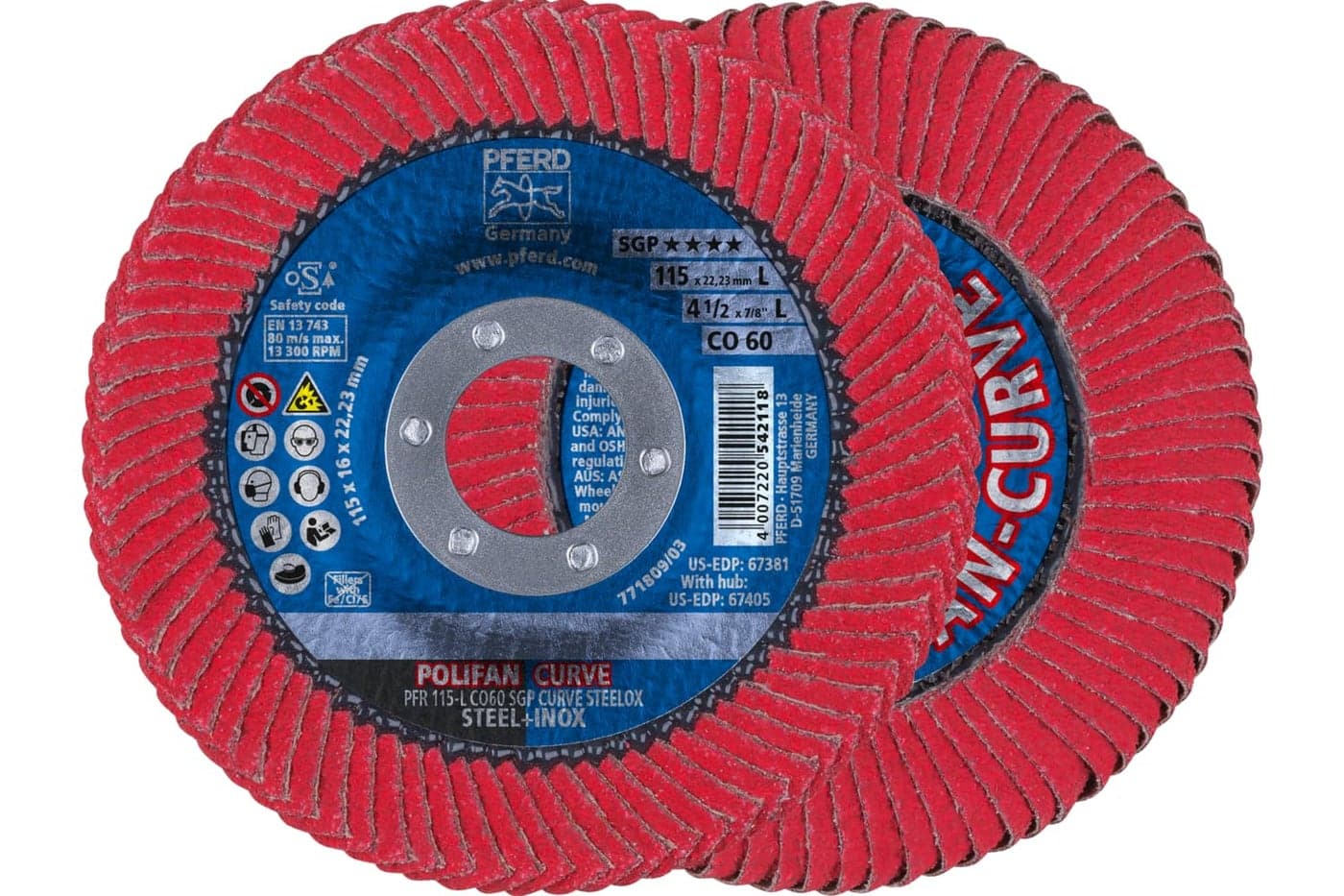 PFERD POLIFAN®- Curve Radial Type Flap Disc - 4-1/2" x 7/8", 60 Grit Zirconia, White, Compatible with Angle Grinder - for Steel and Stainless Steel (INOX) Grinding - Pack of 1 - Part 67381
