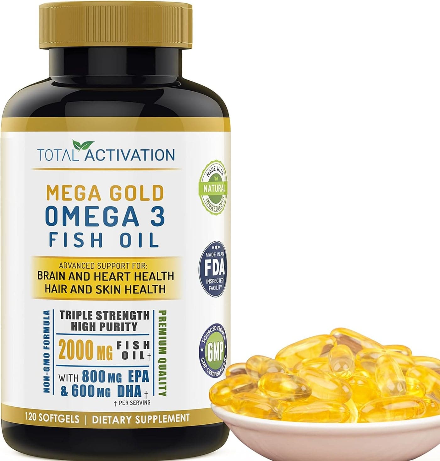 Omega 3 Burpless Max Strength Fish Oil Supplement Dr Formula 2000 mg with Vitamin E 800 mg EPA 600 mg DHA Ultimate Brain Hair Support Men Women NonGMO 120 Small Liquid Rapid Release Softgels