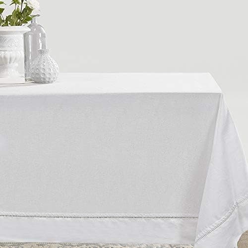SimpleOpulence Premium 100 Linen Hemstitch Tablecloth60 x 104 Inch White Natural Fabric Rectangular Tablecloth for Indoor and Outdoor Use