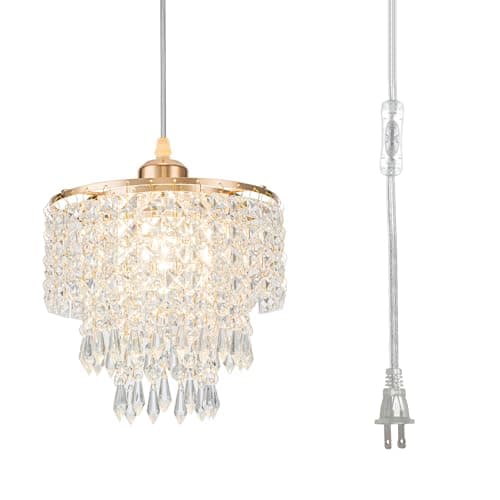 8" Plug in Pendant Light Corded Hanging Lights with Plug in Cord Hanging Lamp Plug in with 16.4 Ft Cord Mini Chandelier for Bedroom Kitchen Island Hallway Bathroom Closet (Gold)