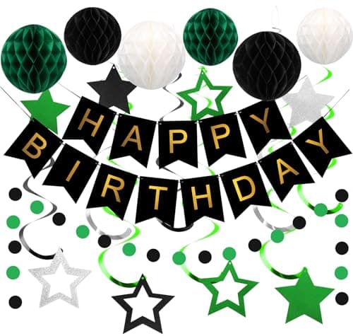 meowtastic Birthday Decorations Happy Birthday Banner with Honeycomb Balls Star Hanging Swirl Streamer Circle Dot Garland Happy Birthday Party Decorations for Women Men Boys Girls Green Black