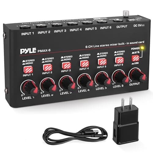 Pyle 6-Channel Bluetooth Mini Line Mixer with USB Audio Interface - 6 Mono/Stereo Switching Inputs | Ultra-low Noise Design with High Headroom | Built-in USB-C Sound Card - PMAX6
