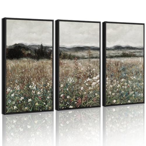 SHENIFY Vintage Landscape Framed Wall Art Meadow Flowers Farmhouse Decor Retro Classic Painting for Hallway Living Room Bedroom Dining Room - 16x24in3pcs Black Framed