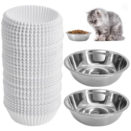 Disposable Cat Food Bowls Set Pets Feeding Bowls Includes 300PCS Cats Food Small Paper Bowl 2PCS Stainless Steel Bowl Cat Plates Feedings Dish Liner Bulk for Wet Foods Cats Dogs Feeding Station