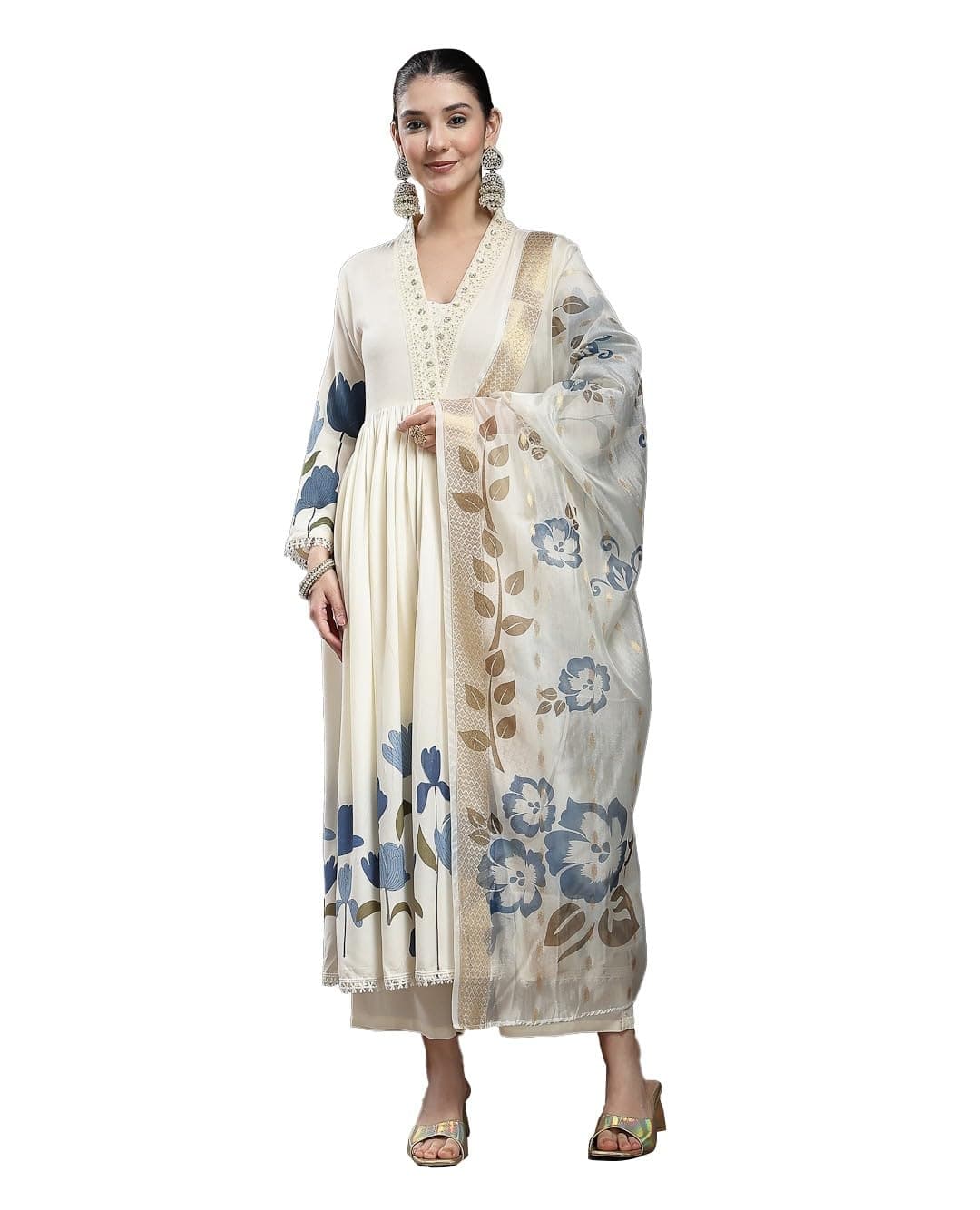 Stylum Women's Blue Floral Printed Rayon Flared Kurta Palazzo Dupatta Set