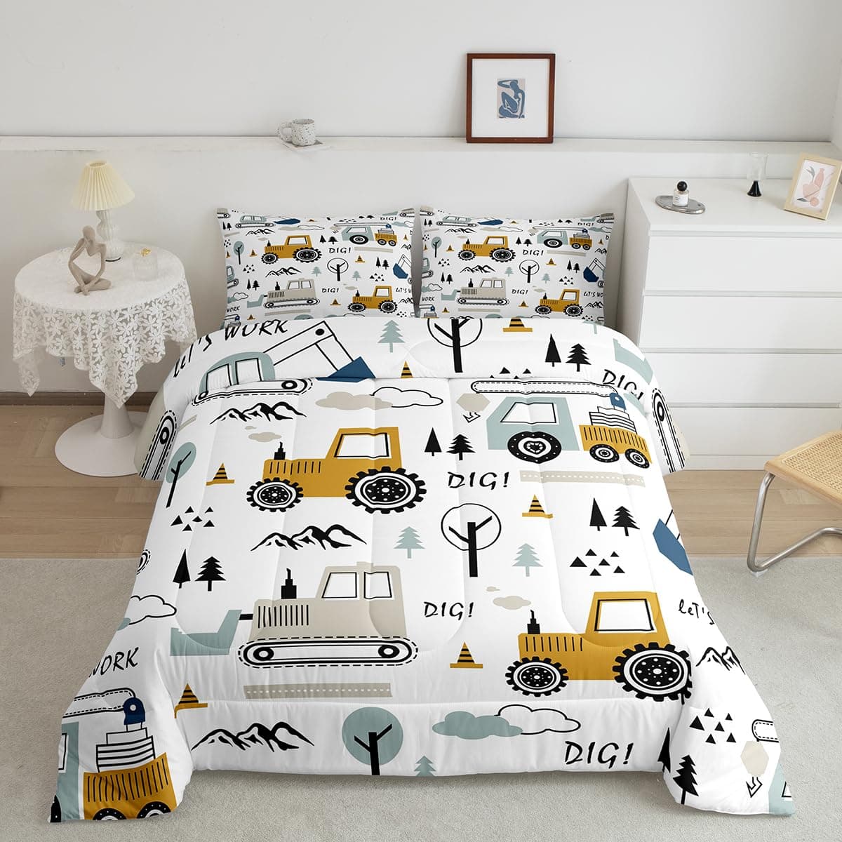 Feelyou Cartoon Car Kids Comforter Set Construction Bedding Set Decor Equipment Trucks Comforter Cartoon Car Excavator Tractor White Yellow Duvet Set Bedroom Quilt Set 3Pcs Queen