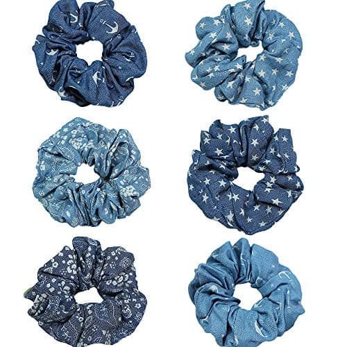 6 Pcs Blue scrunchies for hair Denim Hair Scrunchies Accessories Cloth Blue Hair Ties Scrunchy for Woman Girls Blue Ribbon Elastic Hair Bands Ropes Ponytail Holders